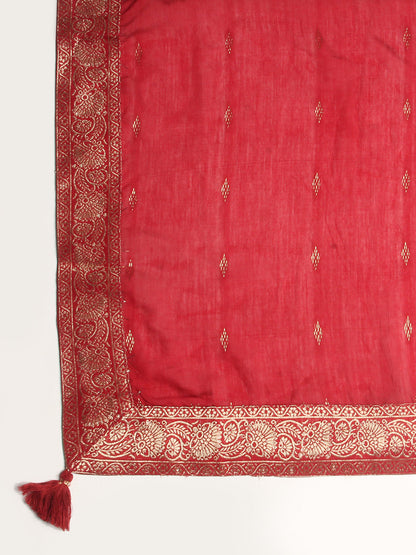 Ethnic Woven & Hand Embroidered Kurta with Pants & Dupatta - Maroon