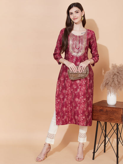 Floral Printed & Embroidered Straight Fit Kurta - Magenta