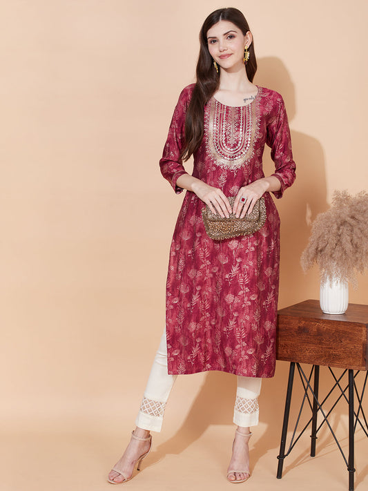 Floral Printed & Embroidered Straight Fit Kurta - Magenta