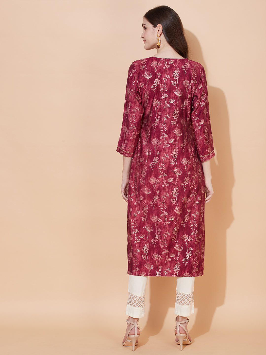 Floral Printed & Embroidered Straight Fit Kurta - Magenta