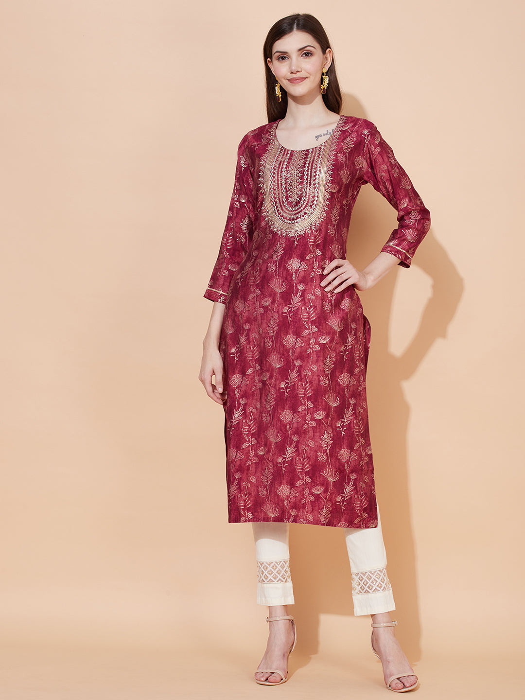 Floral Printed & Embroidered Straight Fit Kurta - Magenta