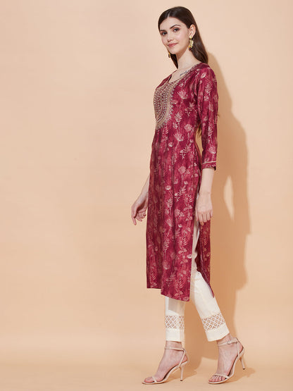 Floral Printed & Embroidered Straight Fit Kurta - Magenta