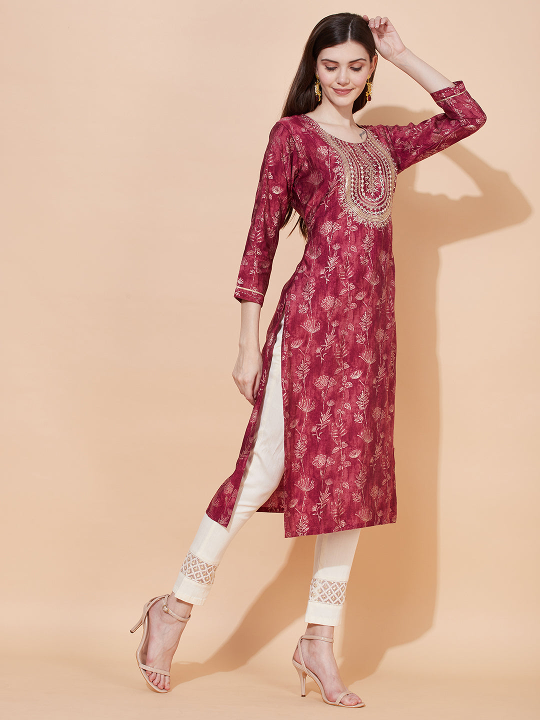 Floral Printed & Embroidered Straight Fit Kurta - Magenta