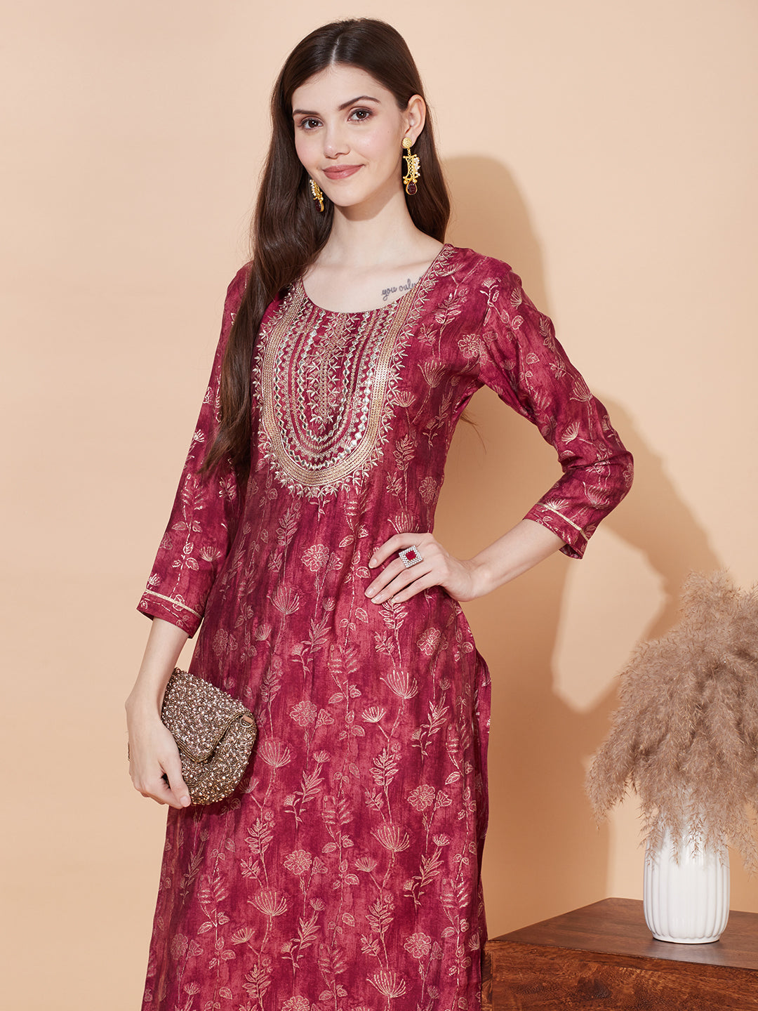 Floral Printed & Embroidered Straight Fit Kurta - Magenta