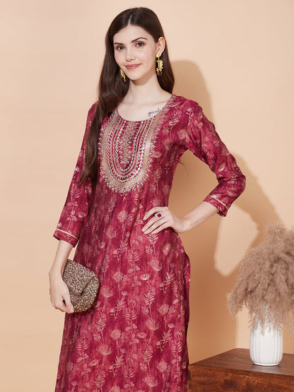 Floral Printed & Embroidered Straight Fit Kurta - Magenta