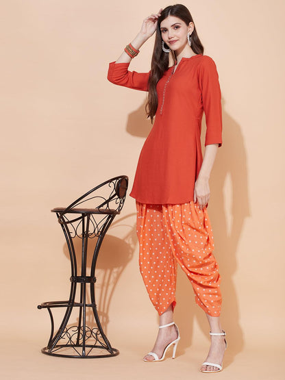 Ethnic Embroidered Straight Fit Short Kurti - Rust
