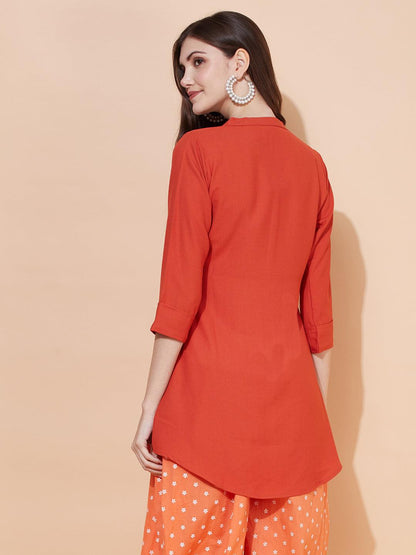 Ethnic Embroidered Straight Fit Short Kurti - Rust