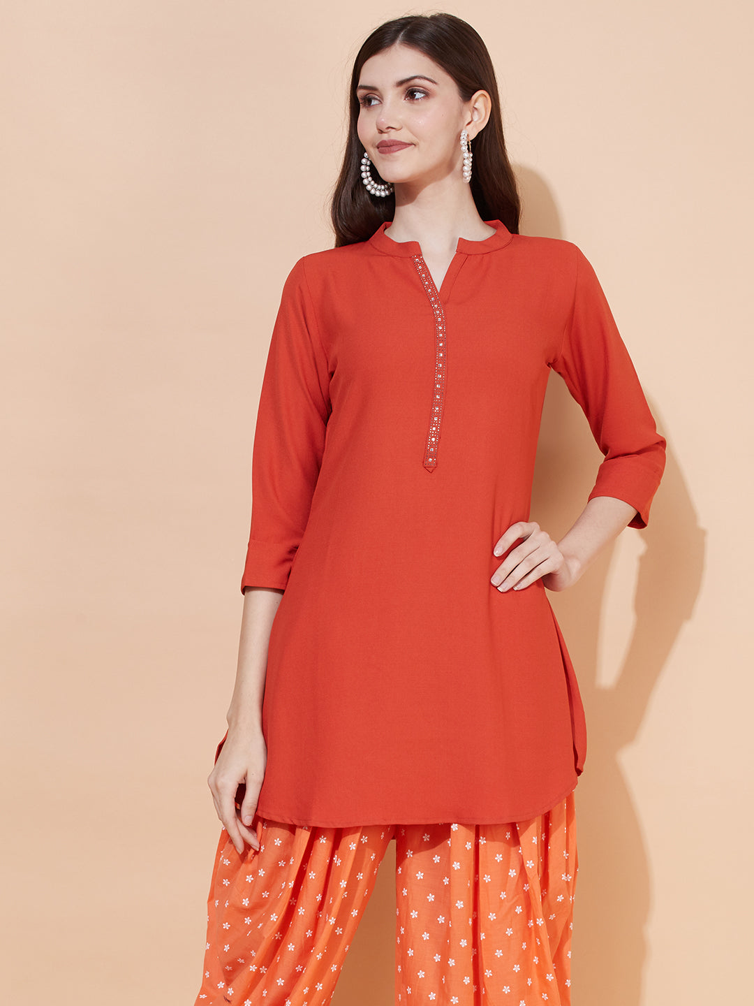 Ethnic Embroidered Straight Fit Short Kurti - Rust