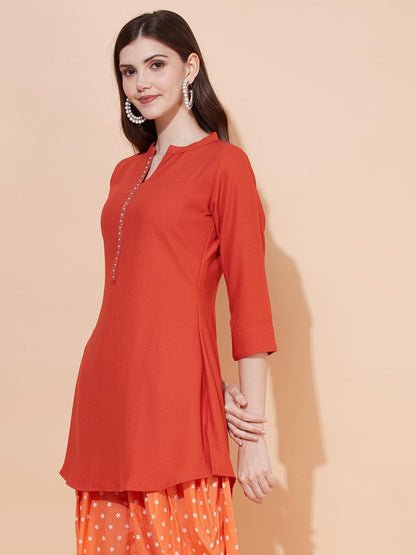 Ethnic Embroidered Straight Fit Short Kurti - Rust
