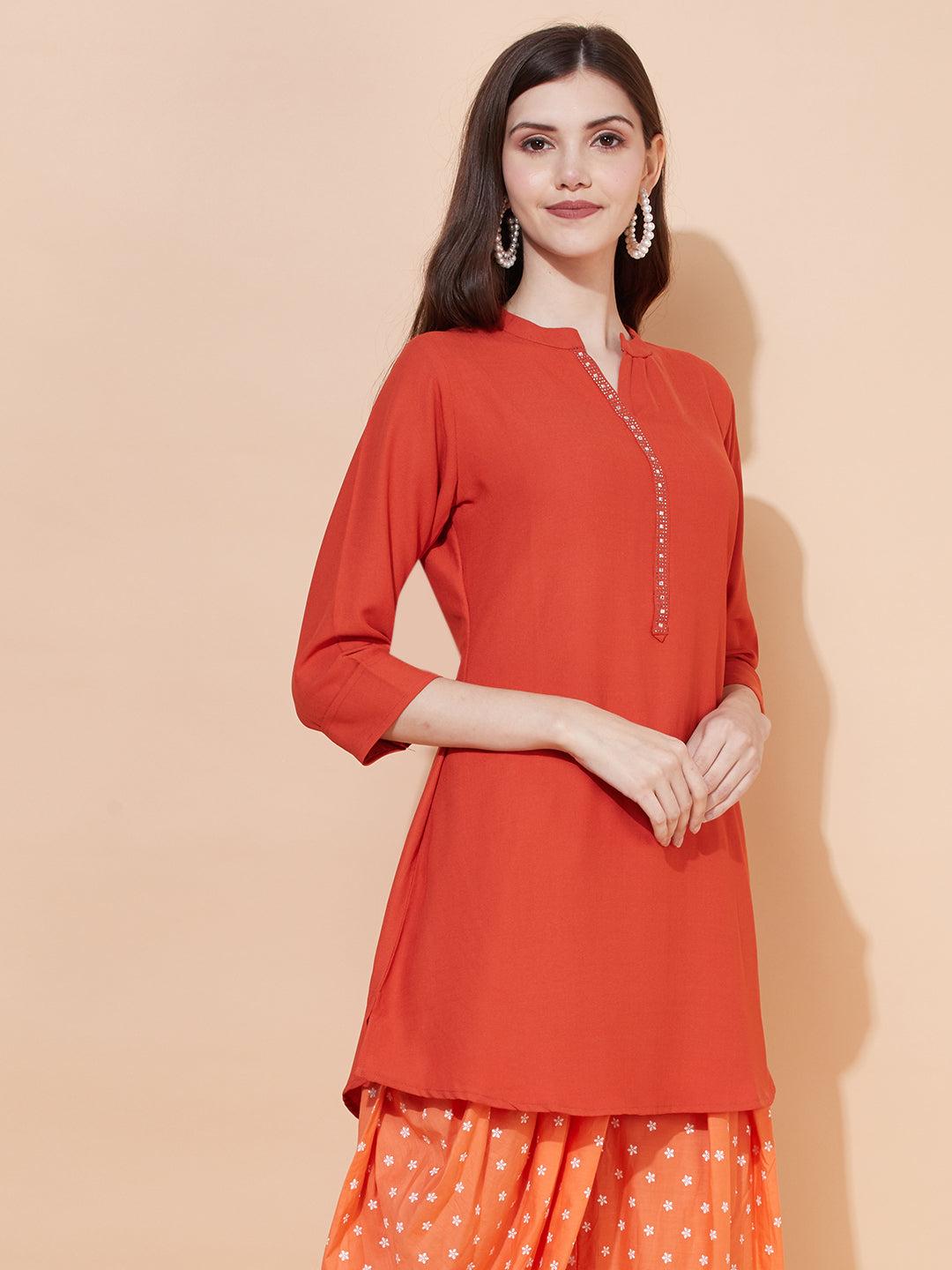 Ethnic Embroidered Straight Fit Short Kurti - Rust