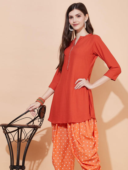 Ethnic Embroidered Straight Fit Short Kurti - Rust