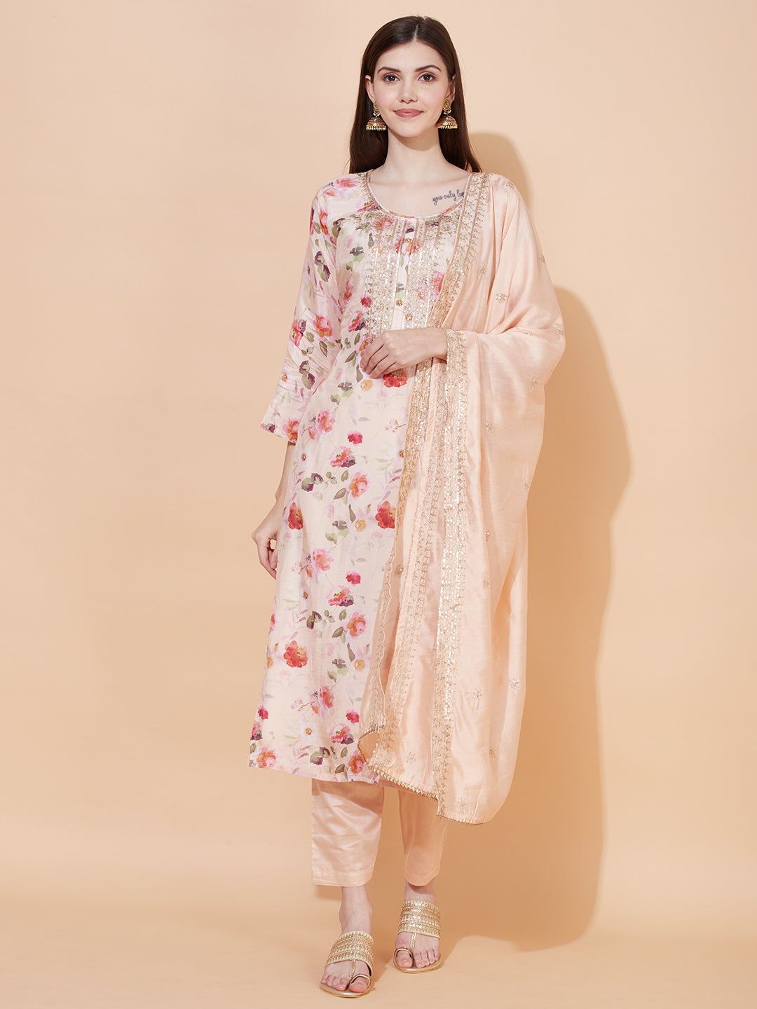 Floral Printed & Embroidered Kurta with Pants & Dupatta - Peach