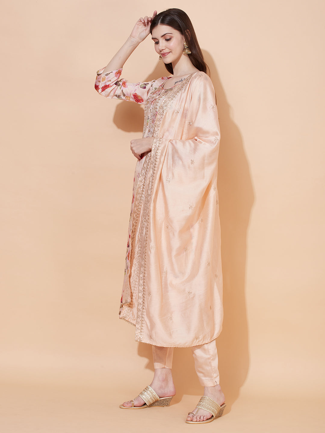 Floral Printed & Embroidered Kurta with Pants & Dupatta - Peach
