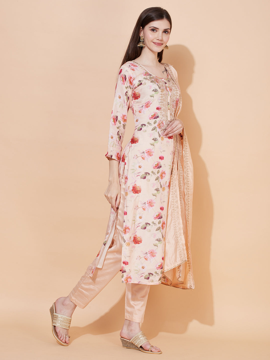 Floral Printed & Embroidered Kurta with Pants & Dupatta - Peach