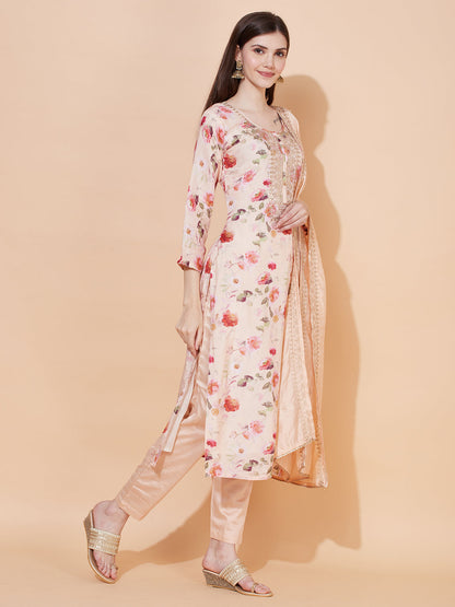 Floral Printed & Embroidered Kurta with Pants & Dupatta - Peach
