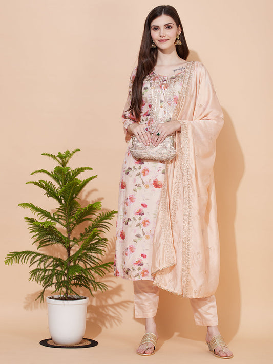 Floral Printed & Embroidered Kurta with Pants & Dupatta - Peach