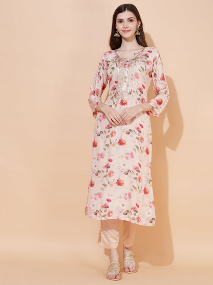 Floral Printed & Embroidered Kurta with Pants & Dupatta - Peach