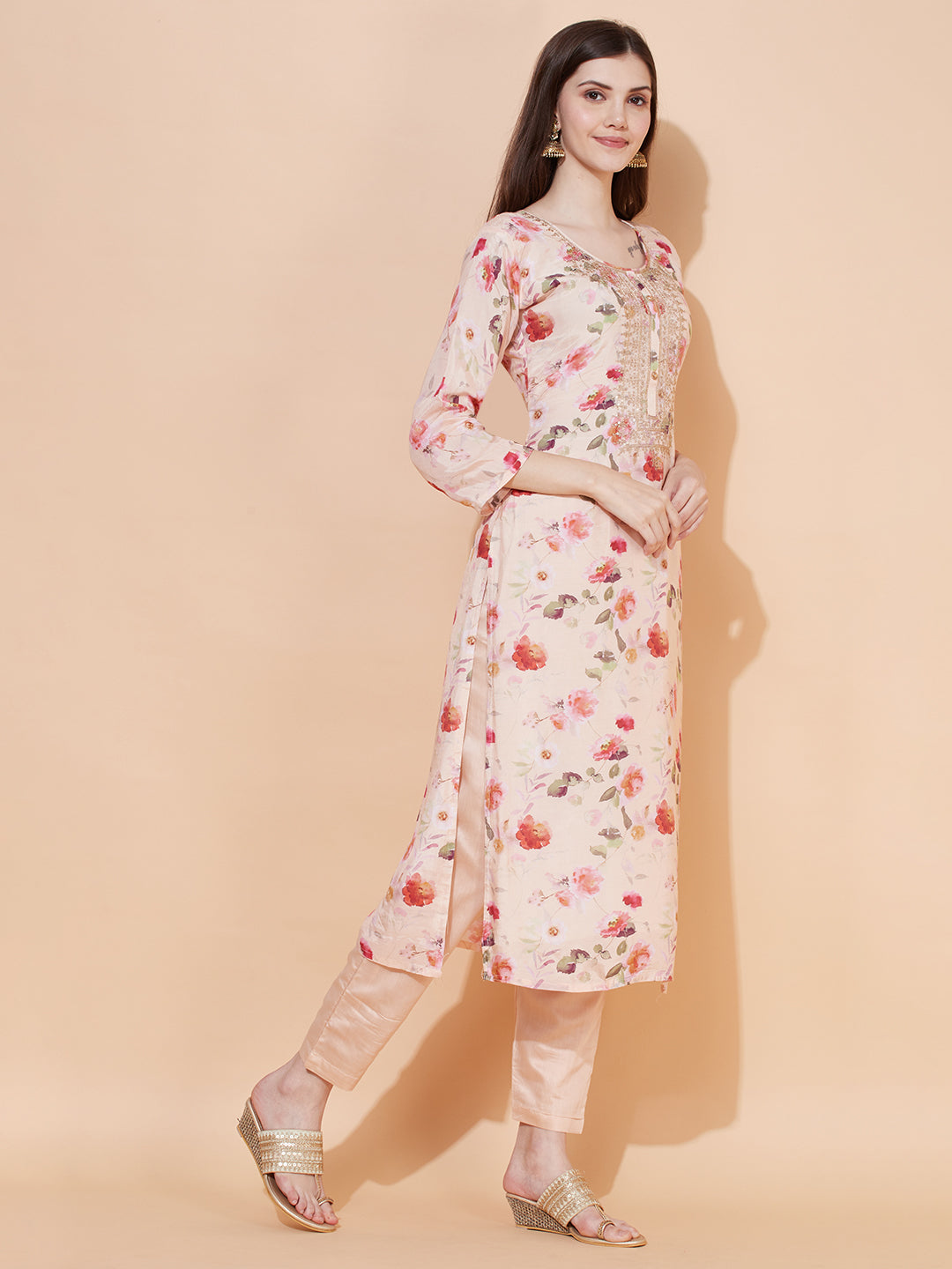 Floral Printed & Embroidered Kurta with Pants & Dupatta - Peach