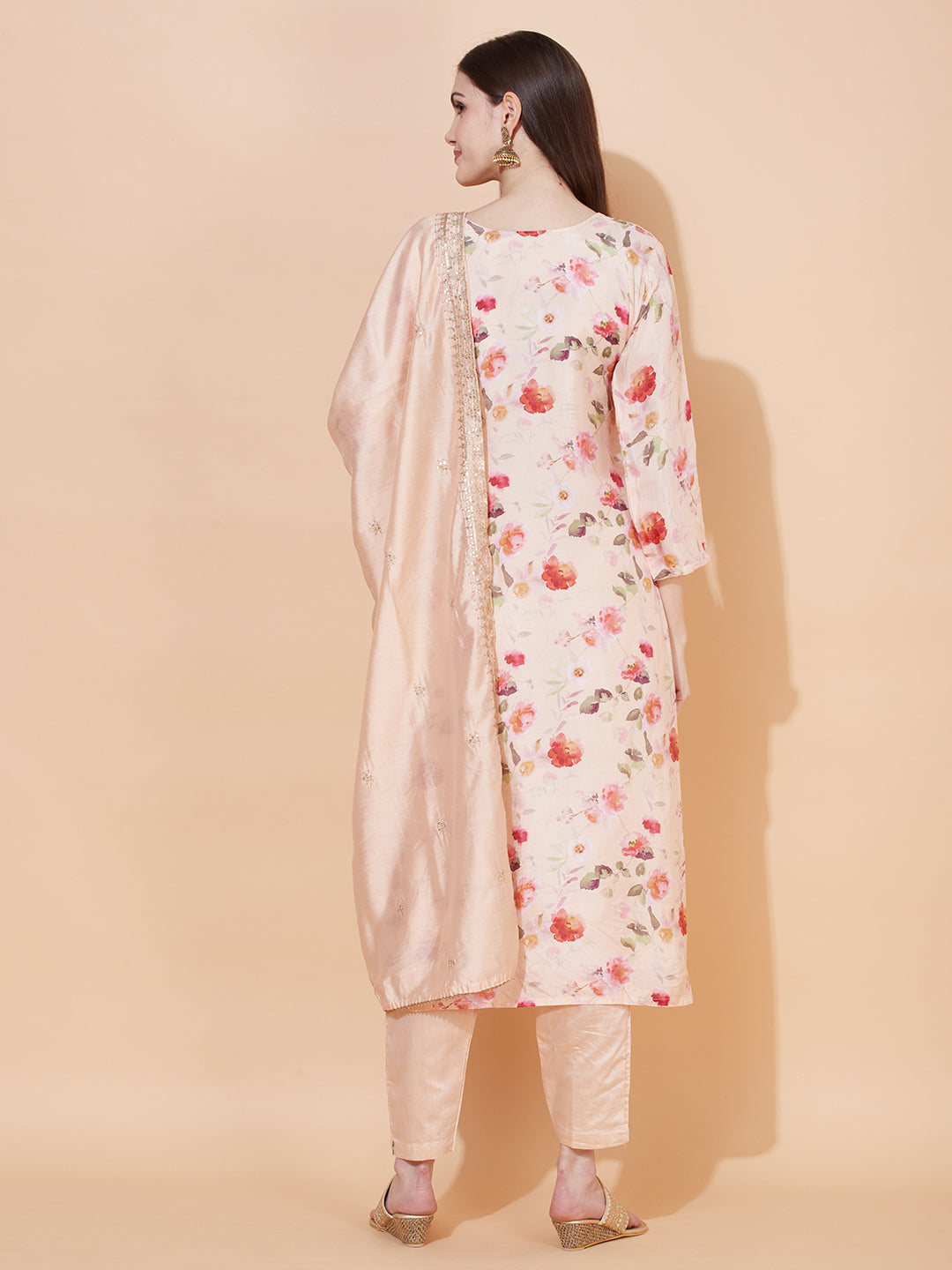 Floral Printed & Embroidered Kurta with Pants & Dupatta - Peach