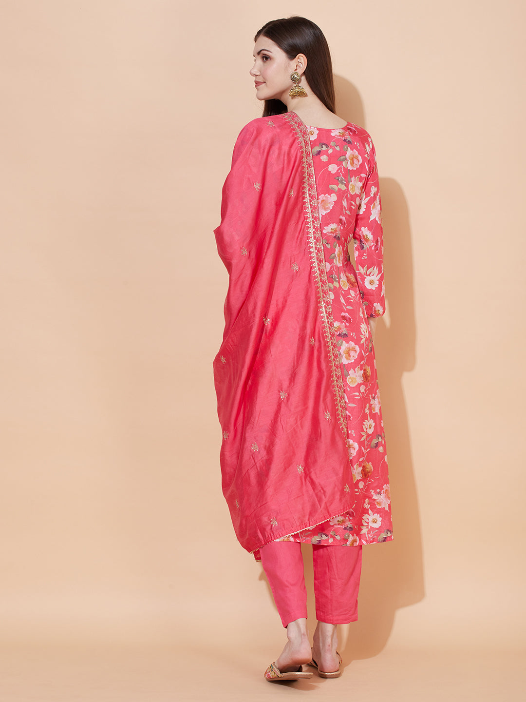 Floral Printed & Embroidered Kurta with Pants & Dupatta - Pink