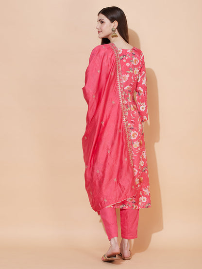 Floral Printed & Embroidered Kurta with Pants & Dupatta - Pink