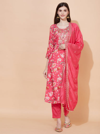 Floral Printed & Embroidered Kurta with Pants & Dupatta - Pink