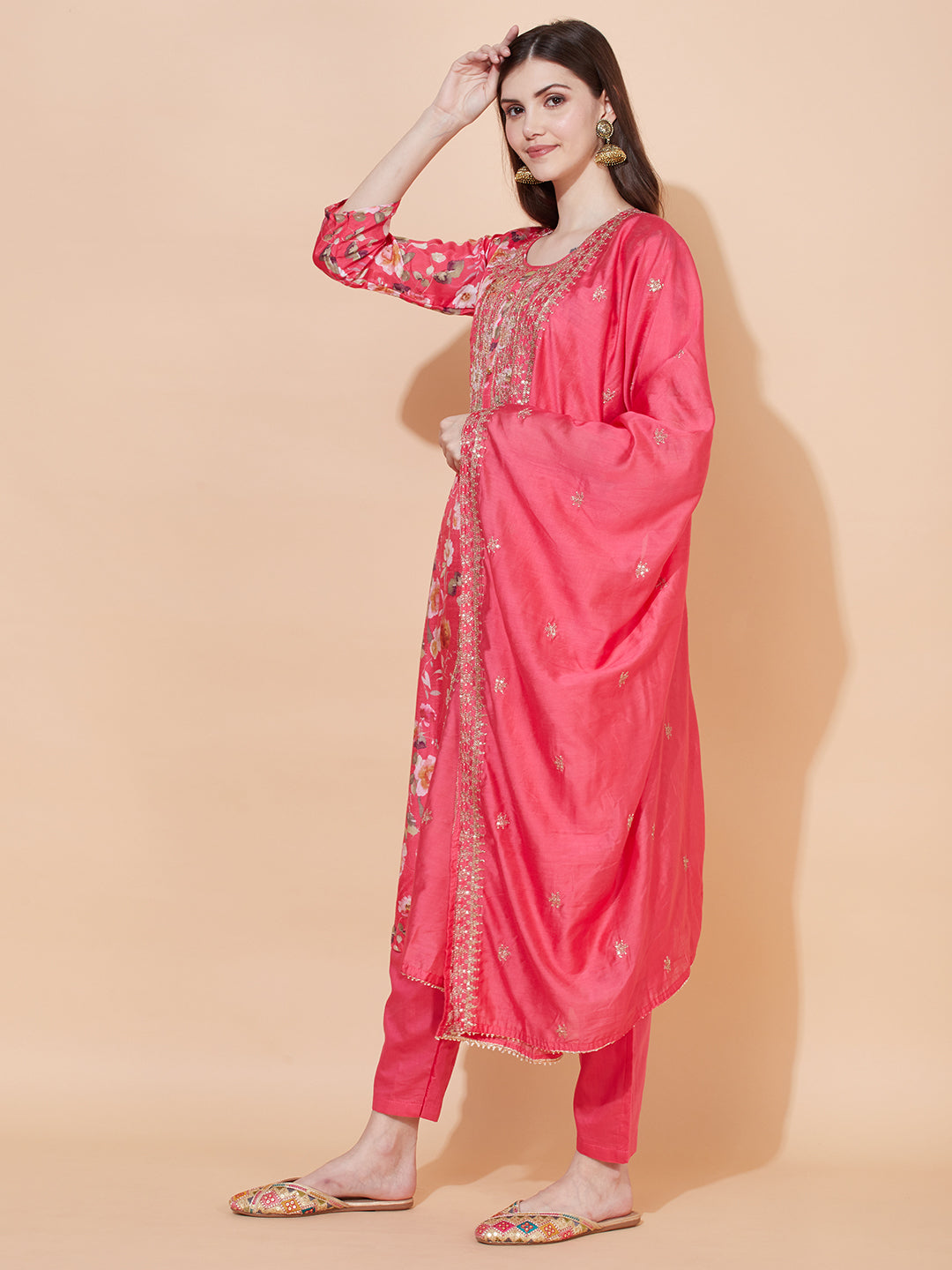 Floral Printed & Embroidered Kurta with Pants & Dupatta - Pink
