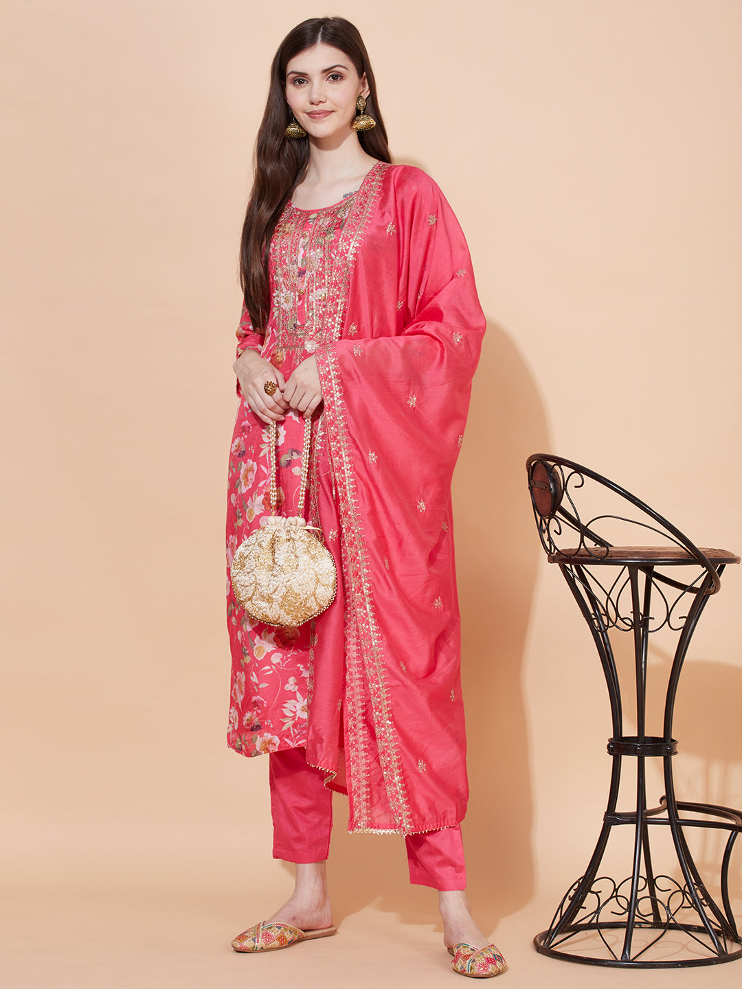 Floral Printed & Embroidered Kurta with Pants & Dupatta - Pink