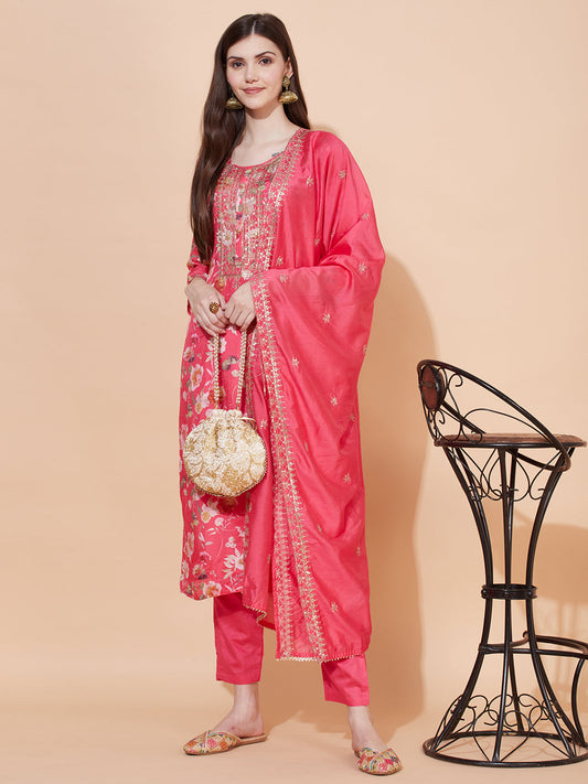Floral Printed & Embroidered Kurta with Pants & Dupatta - Pink