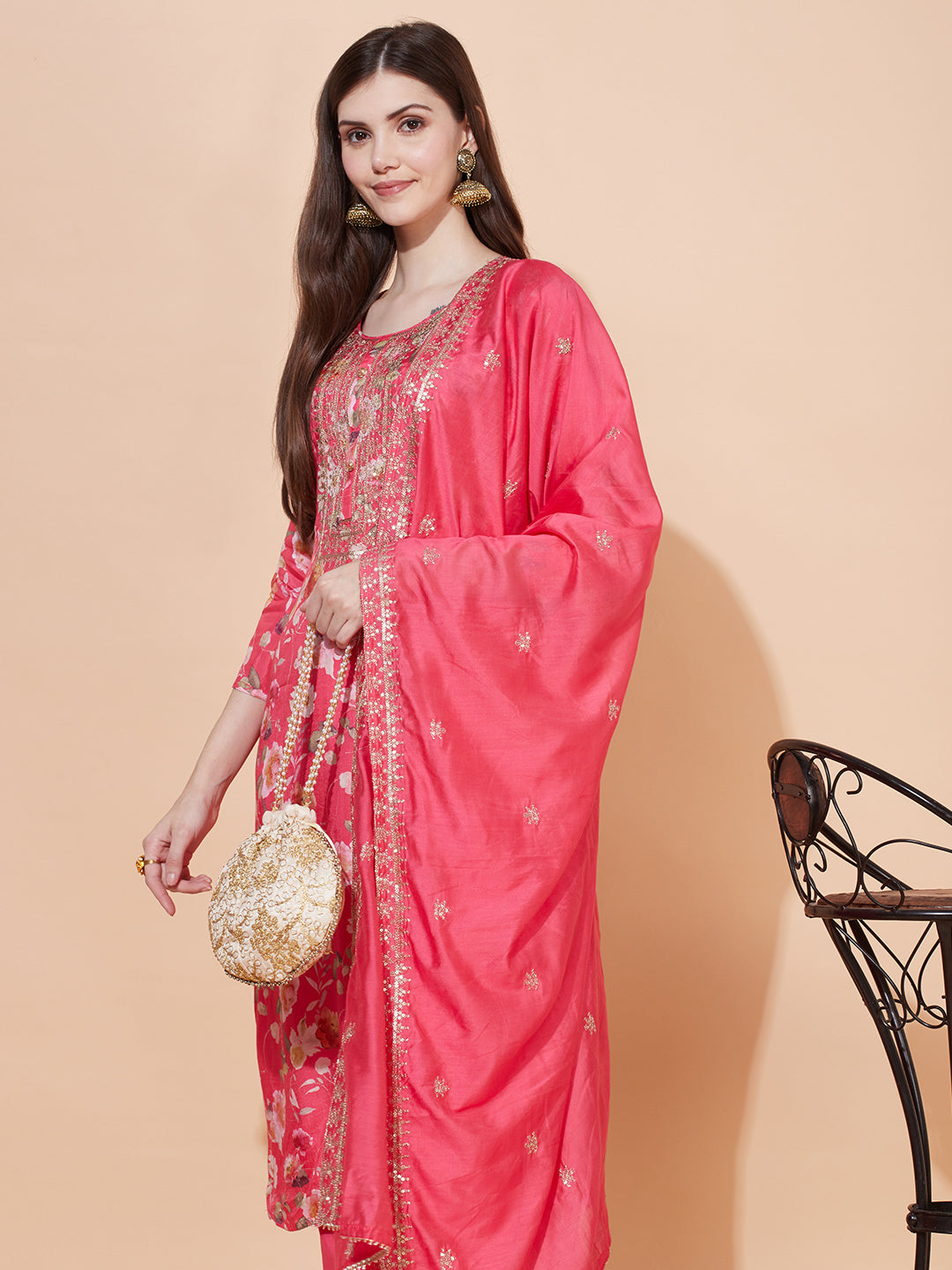 Floral Printed & Embroidered Kurta with Pants & Dupatta - Pink