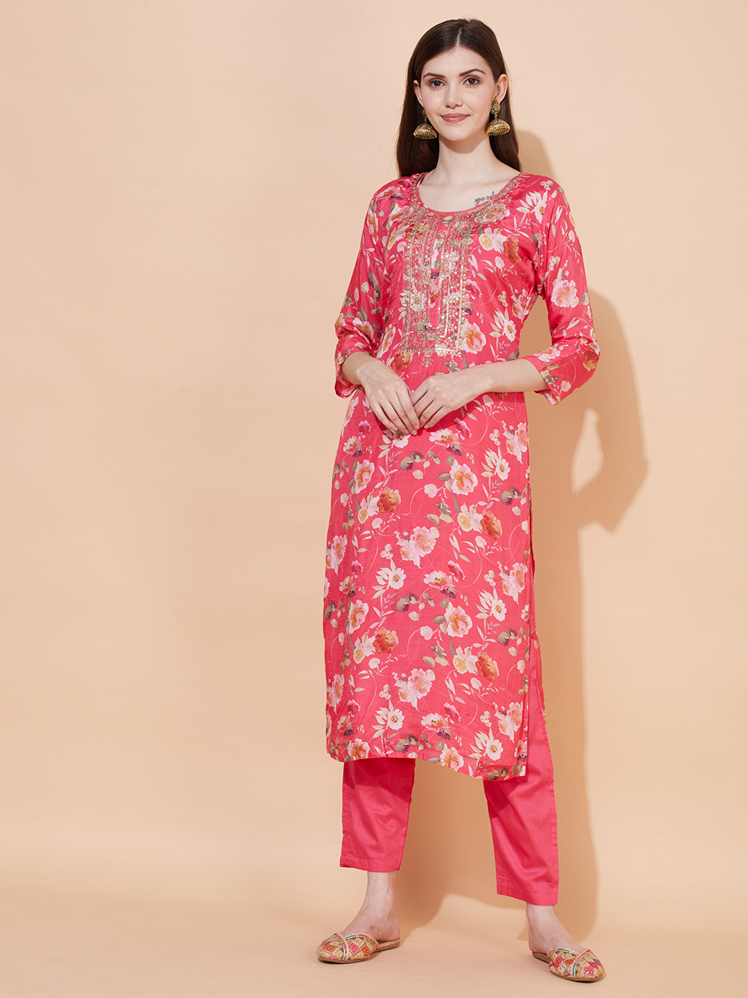 Floral Printed & Embroidered Kurta with Pants & Dupatta - Pink