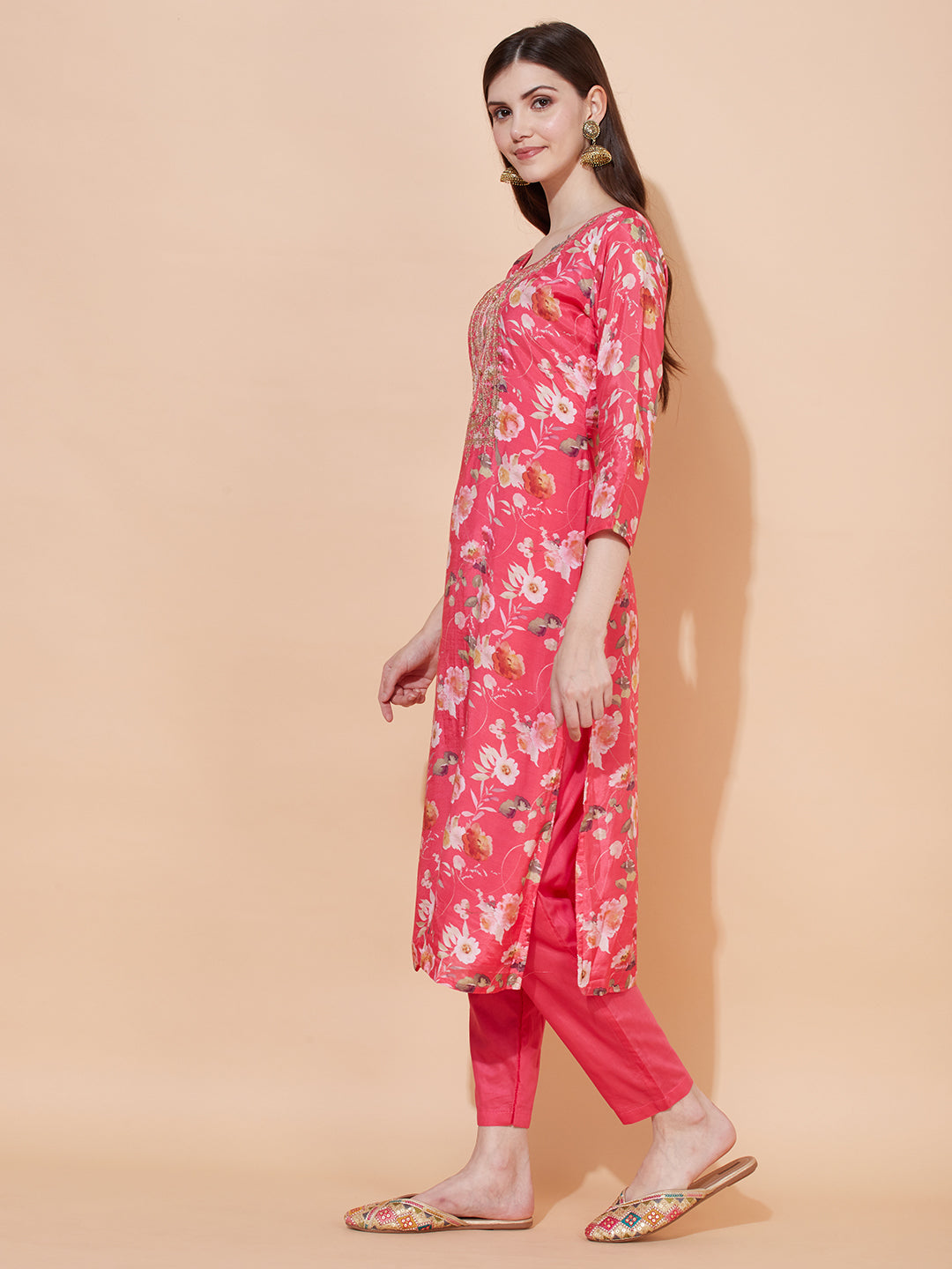Floral Printed & Embroidered Kurta with Pants & Dupatta - Pink