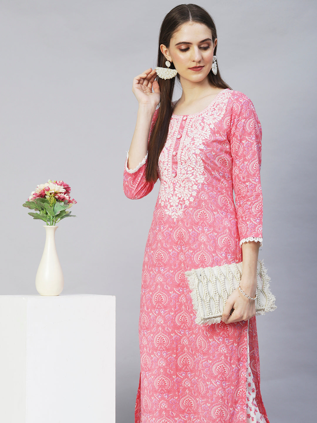 Floral Printed & Chikankari Embroidered Straight Kurta with Pants - Pink