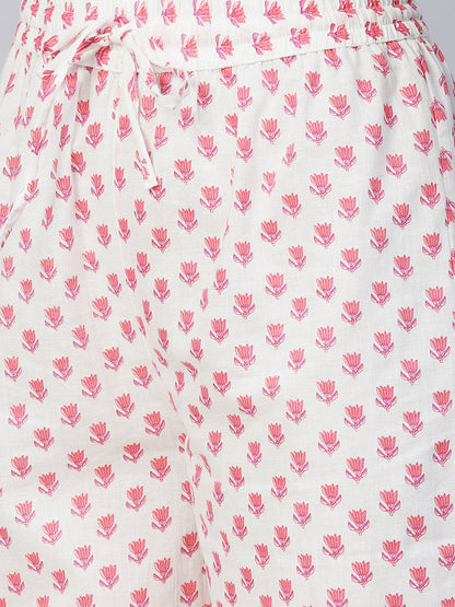 Floral Printed & Chikankari Embroidered Straight Kurta with Pants - Pink