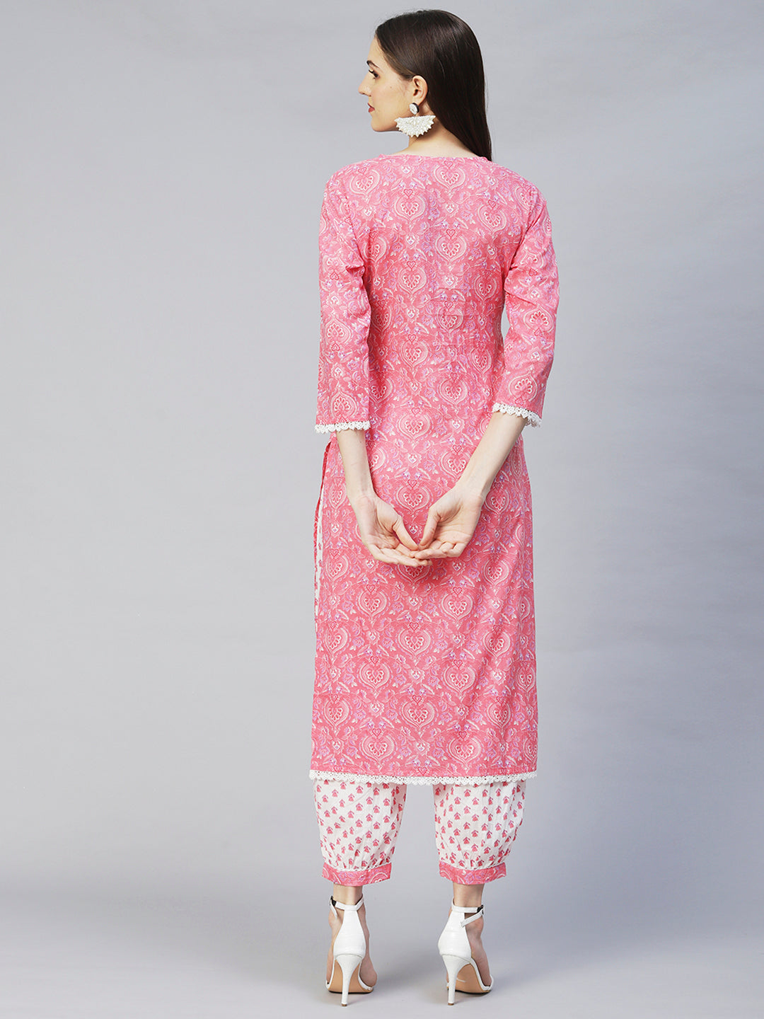 Floral Printed & Chikankari Embroidered Straight Kurta with Pants - Pink