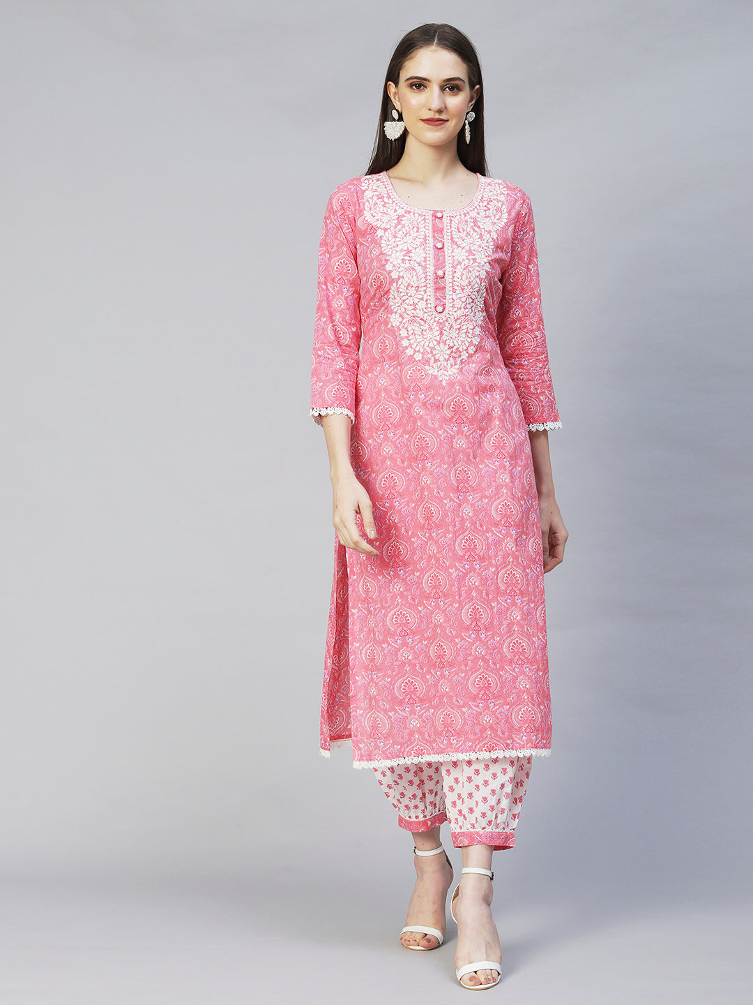 Floral Printed & Chikankari Embroidered Straight Kurta with Pants - Pink
