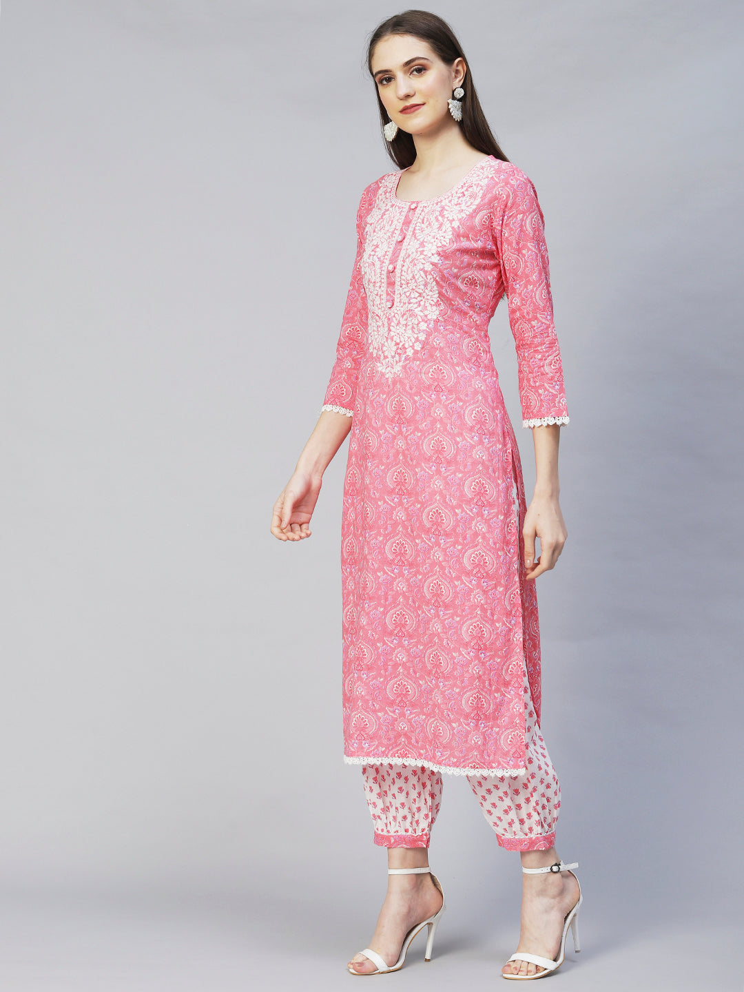 Floral Printed & Chikankari Embroidered Straight Kurta with Pants - Pink