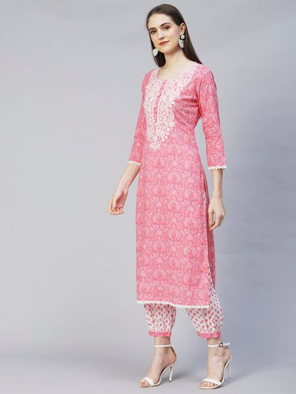 Floral Printed & Chikankari Embroidered Straight Kurta with Pants - Pink