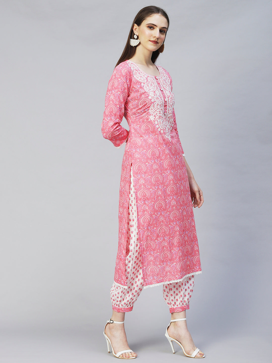 Floral Printed & Chikankari Embroidered Straight Kurta with Pants - Pink