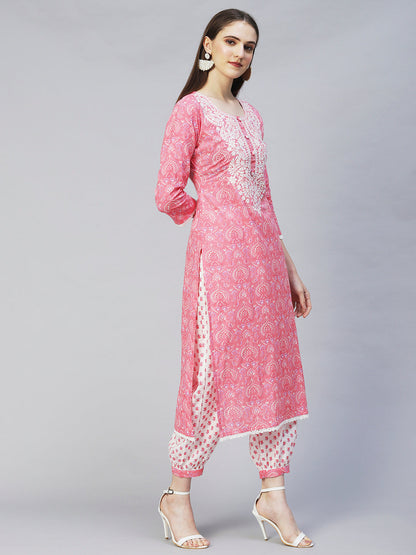 Floral Printed & Chikankari Embroidered Straight Kurta with Pants - Pink