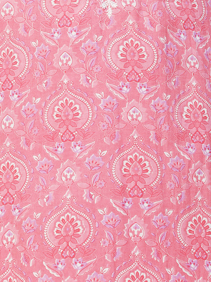 Floral Printed & Chikankari Embroidered Straight Kurta with Pants - Pink