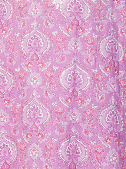 Floral Printed & Chikankari Embroidered Straight Kurta with Pants - Purple