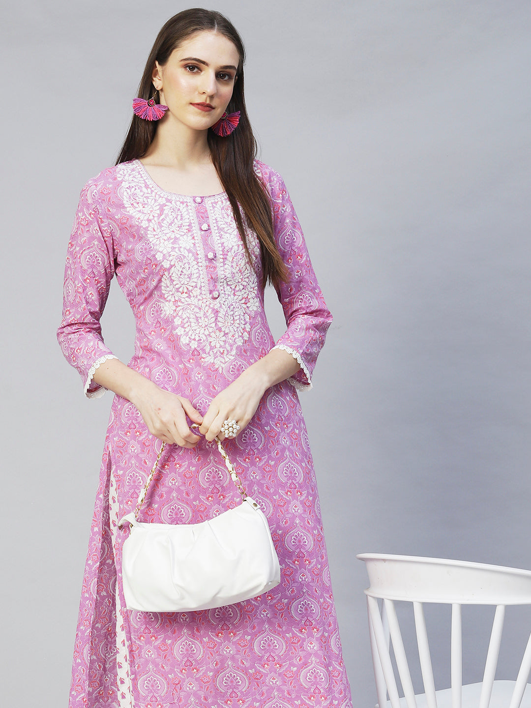Floral Printed & Chikankari Embroidered Straight Kurta with Pants - Purple