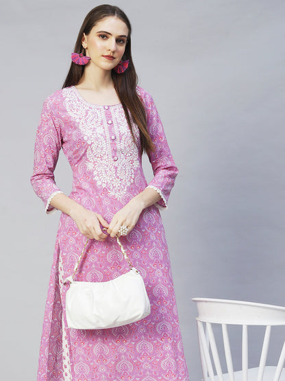 Floral Printed & Chikankari Embroidered Straight Kurta with Pants - Purple