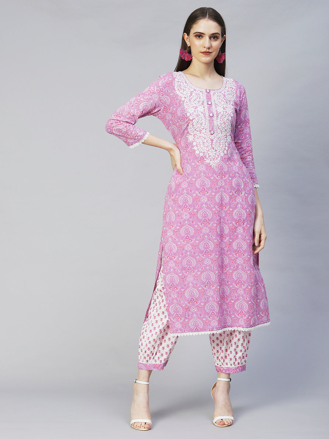 Floral Printed & Chikankari Embroidered Straight Kurta with Pants - Purple