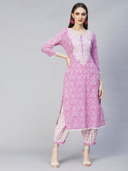Floral Printed & Chikankari Embroidered Straight Kurta with Pants - Purple