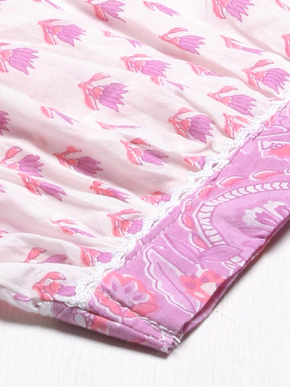 Floral Printed & Chikankari Embroidered Straight Kurta with Pants - Purple