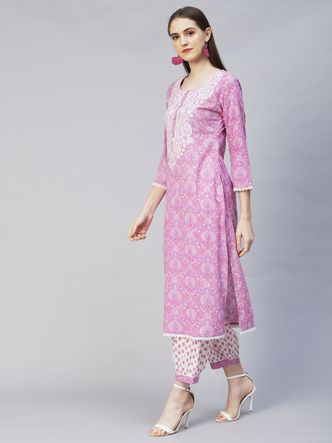 Floral Printed & Chikankari Embroidered Straight Kurta with Pants - Purple