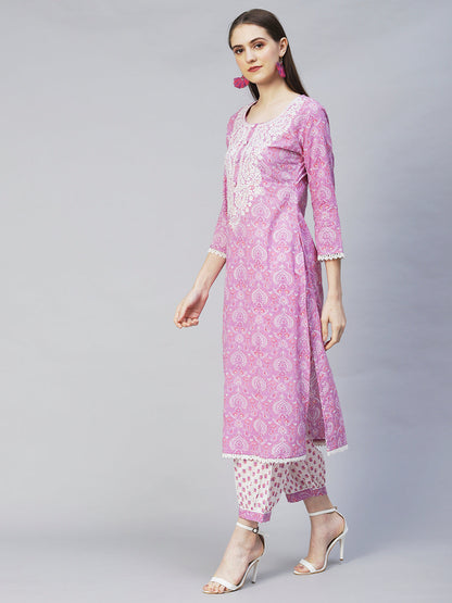 Floral Printed & Chikankari Embroidered Straight Kurta with Pants - Purple