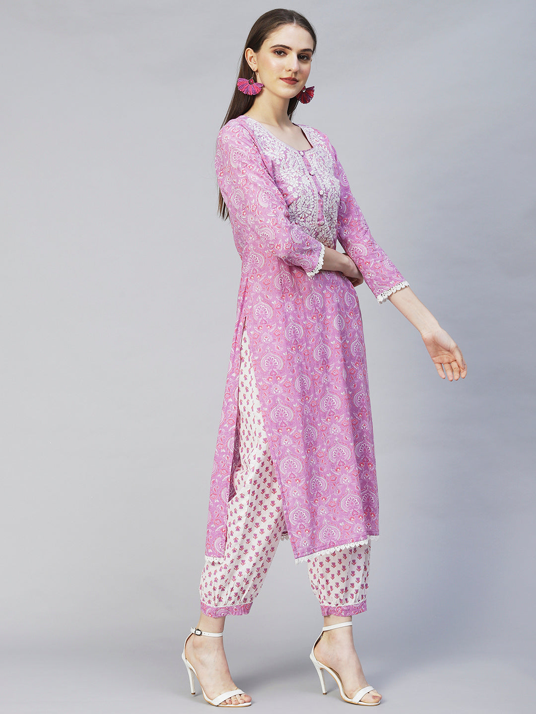 Floral Printed & Chikankari Embroidered Straight Kurta with Pants - Purple